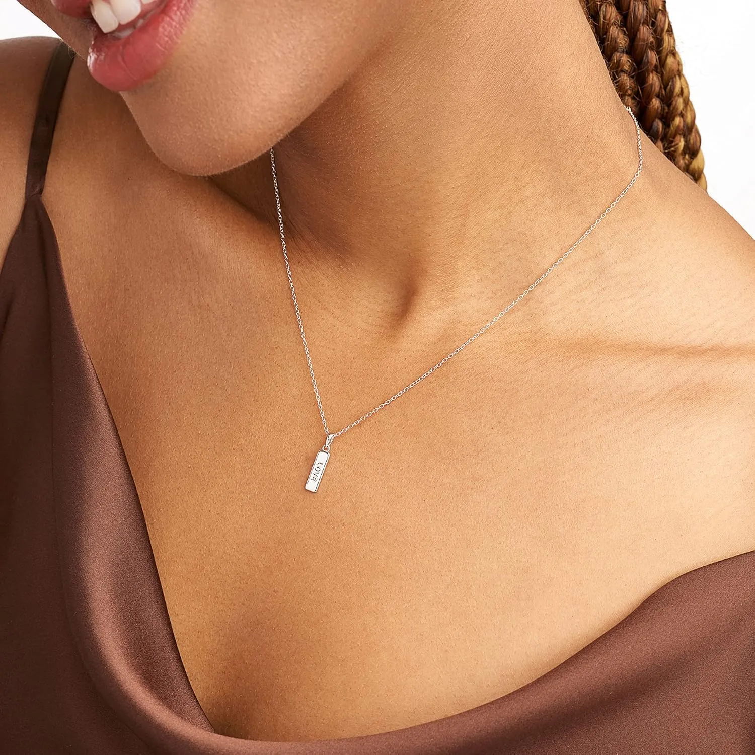 MORGAN & PAIGE .925 Sterling Silver Rhodium Plated Vertical Bar Sentiment Pendant Necklaces for Women - Lightweight and Dainty Sterling Silver Necklace for Women, Jewelry for Her 18 inch Rope Chain