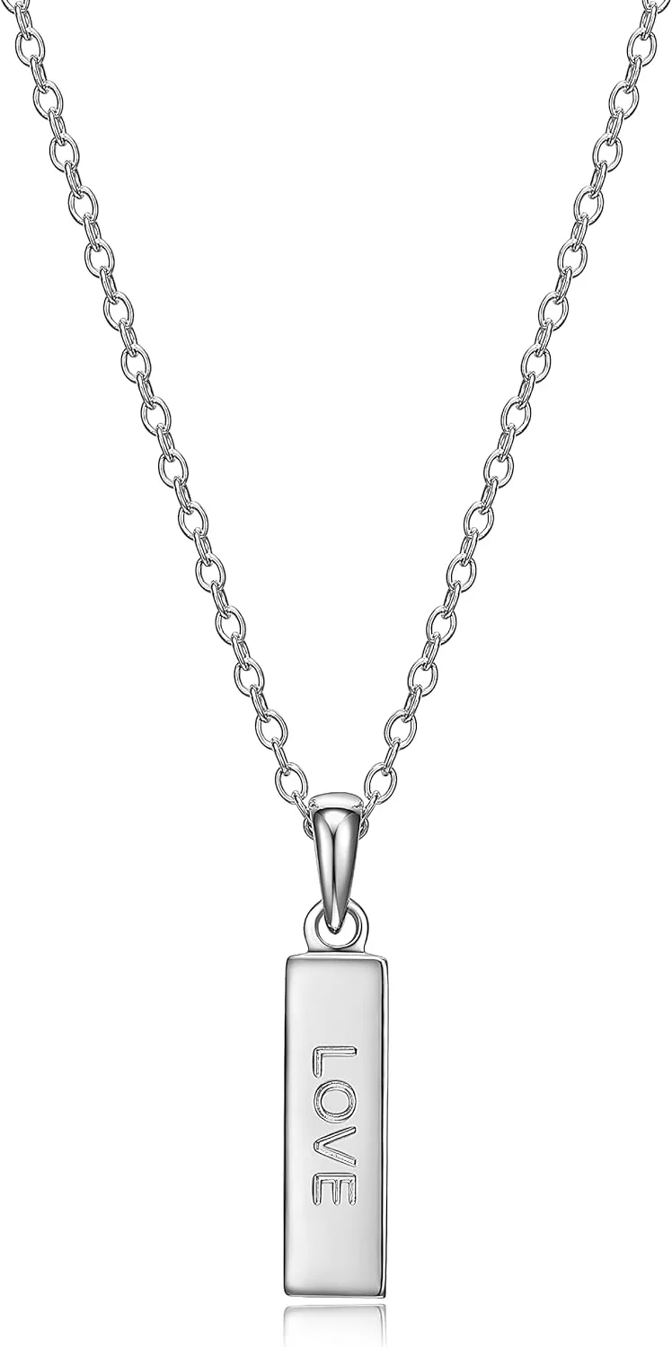 MORGAN & PAIGE .925 Sterling Silver Rhodium Plated Vertical Bar Sentiment Pendant Necklaces for Women - Lightweight and Dainty Sterling Silver Necklace for Women, Jewelry for Her 18 inch Rope Chain