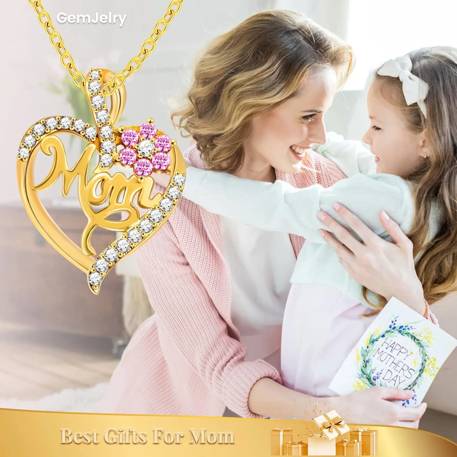 Mothers Necklace Gifts for Mom from Daughter Son, I Love You Mom Necklace Heart Pendant Rhinestone Jewelry with Box Birthday Mothers Day Gifts for Women