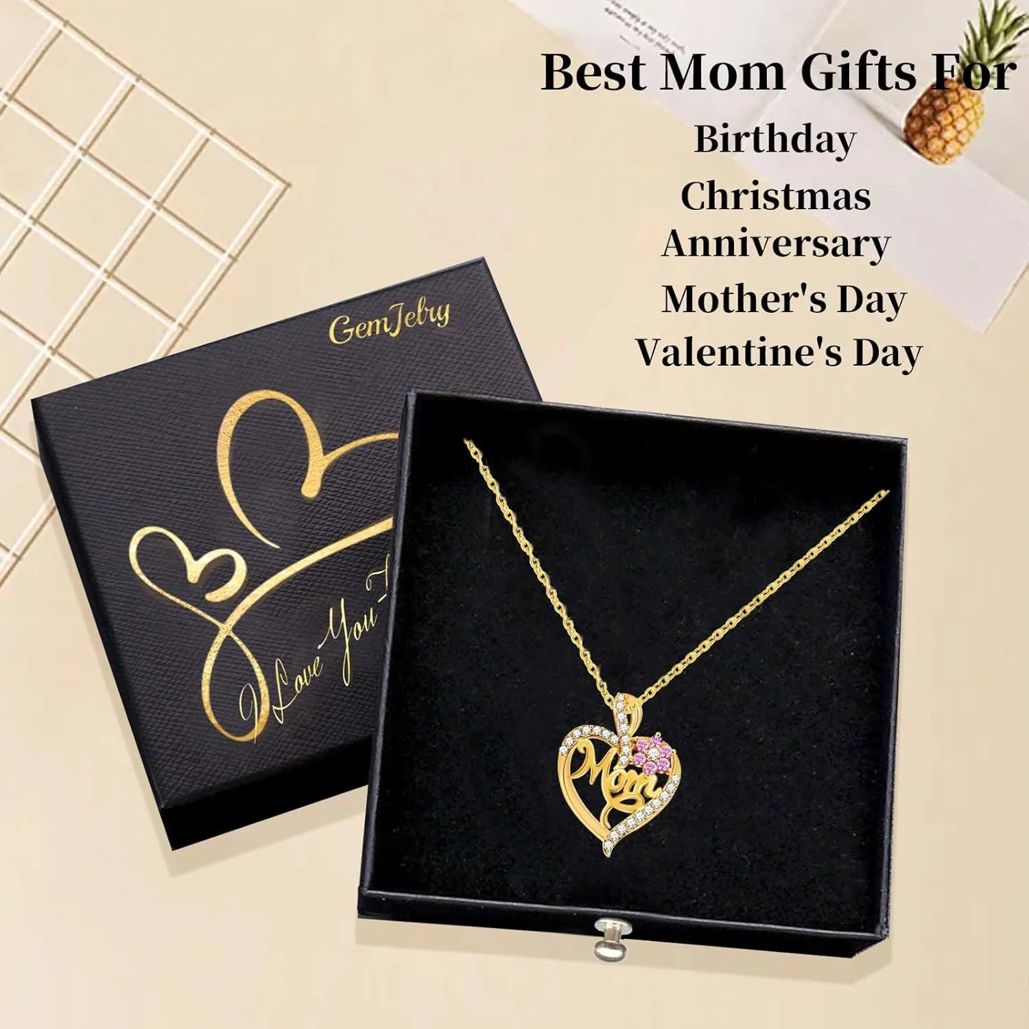 Mothers Necklace Gifts for Mom from Daughter Son, I Love You Mom Necklace Heart Pendant Rhinestone Jewelry with Box Birthday Mothers Day Gifts for Women