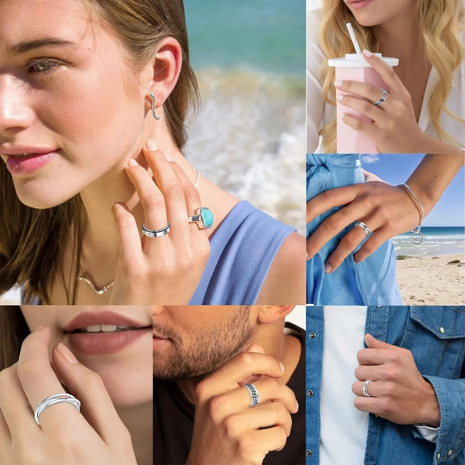 MUCAL Fidget Rings for Anxiety 8pcs Stainless Steel Spinner Ring Anti Anxiety Ring Spinning Moon Star Cool Stress Relieveing Rings for Women Men