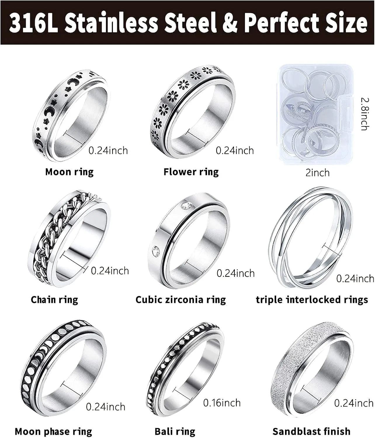 MUCAL Fidget Rings for Anxiety 8pcs Stainless Steel Spinner Ring Anti Anxiety Ring Spinning Moon Star Cool Stress Relieveing Rings for Women Men
