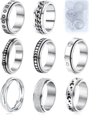 MUCAL Fidget Rings for Anxiety 8pcs Stainless Steel Spinner Ring Anti Anxiety Ring Spinning Moon Star Cool Stress Relieveing Rings for Women Men