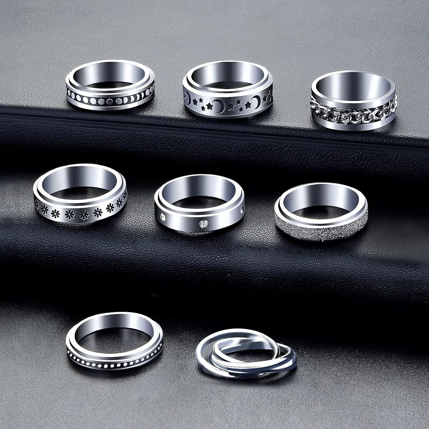 MUCAL Fidget Rings for Anxiety 8pcs Stainless Steel Spinner Ring Anti Anxiety Ring Spinning Moon Star Cool Stress Relieveing Rings for Women Men