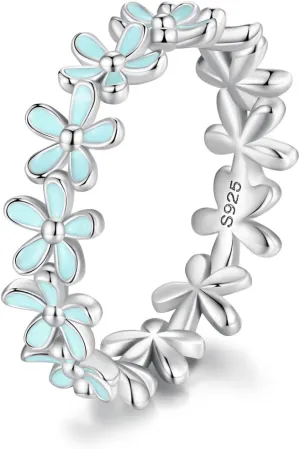 MUNDELL 925 Sterling Silver Dainty Daisy Rings Blue Flower Finger Rings for Women Stacking Promise Rings Fine Jewelry