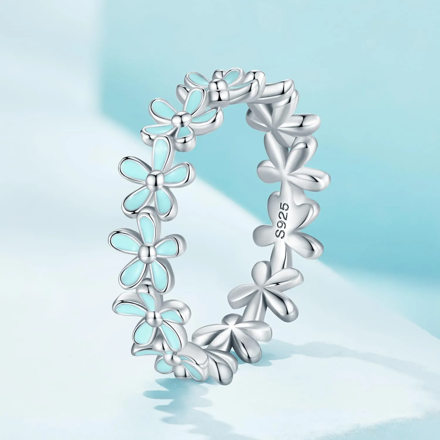 MUNDELL 925 Sterling Silver Dainty Daisy Rings Blue Flower Finger Rings for Women Stacking Promise Rings Fine Jewelry