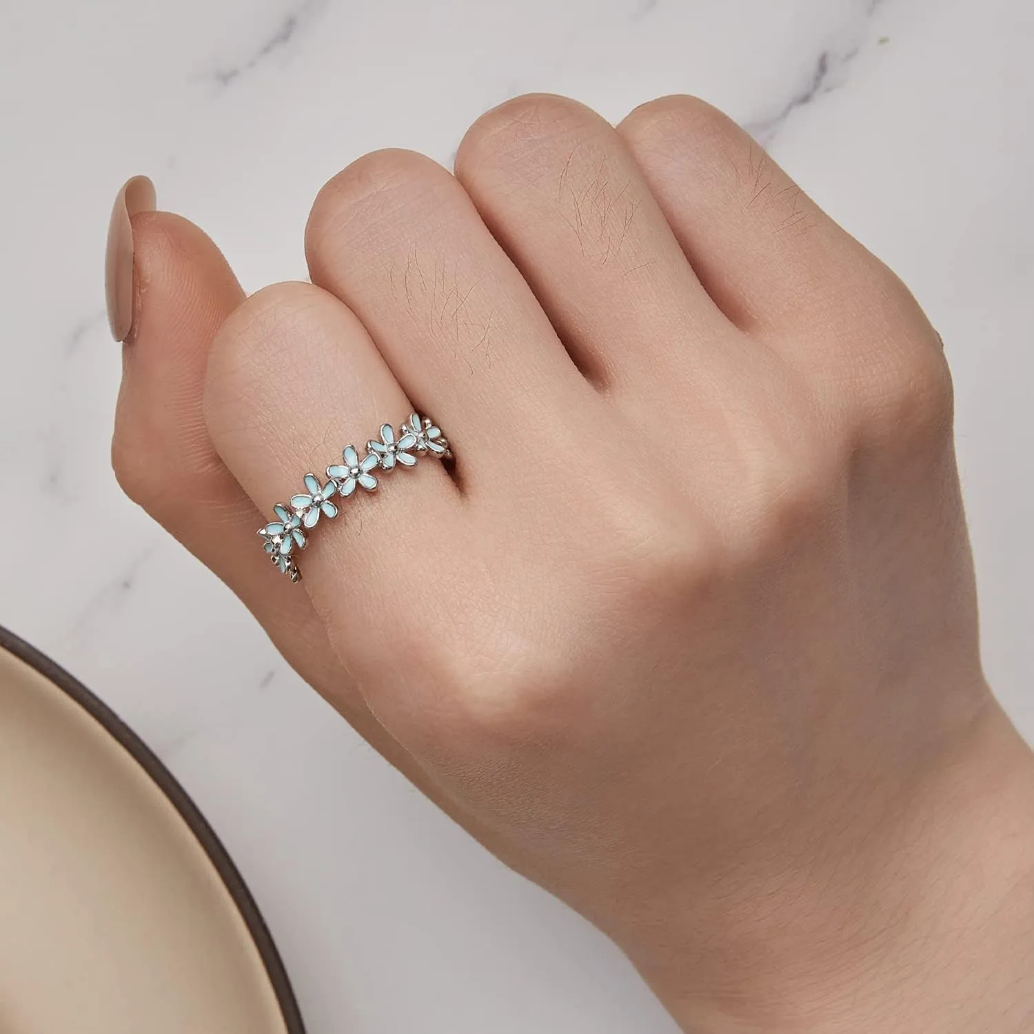 MUNDELL 925 Sterling Silver Dainty Daisy Rings Blue Flower Finger Rings for Women Stacking Promise Rings Fine Jewelry