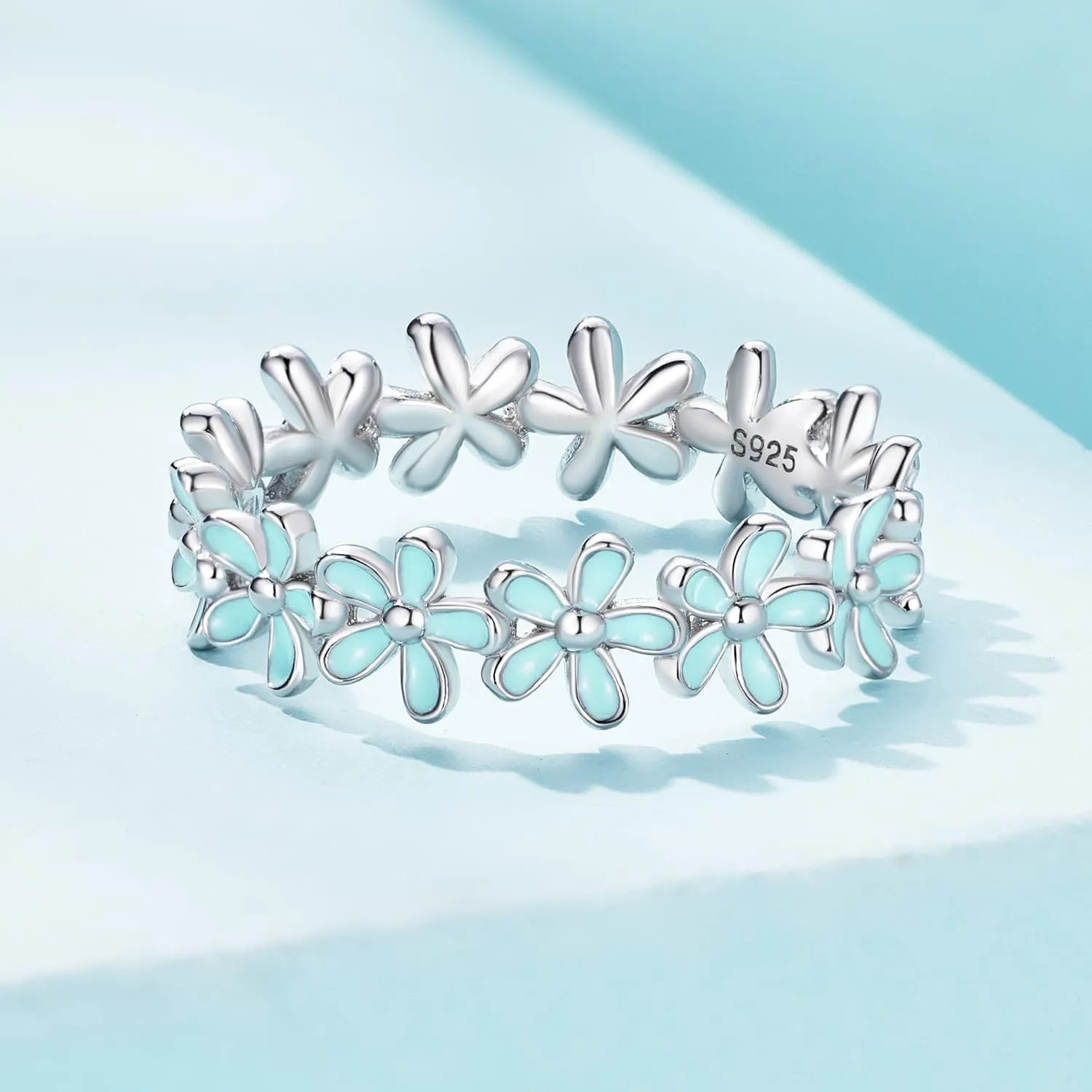MUNDELL 925 Sterling Silver Dainty Daisy Rings Blue Flower Finger Rings for Women Stacking Promise Rings Fine Jewelry
