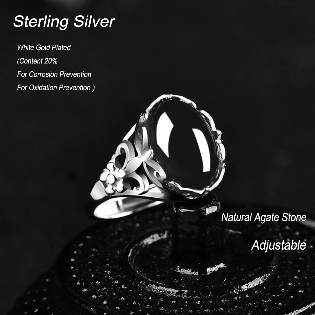 Natural Agate Onyx Stone Rings for Women,Adjustable White Gold Plated Sterling Silver Crusader Flower Fox Wedding Engagement Oval Round Gem Gemstone Birthstone Crystal Rings Jewelry