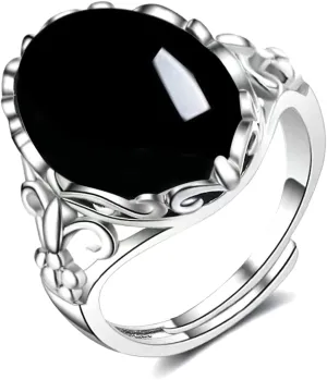 Natural Agate Onyx Stone Rings for Women,Adjustable White Gold Plated Sterling Silver Crusader Flower Fox Wedding Engagement Oval Round Gem Gemstone Birthstone Crystal Rings Jewelry