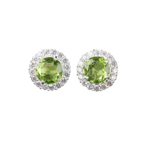 Natural Peridot Gemstone Handcrafted 925 Sterling Silver CZ Stud Earrings, 8mm Round Push Back Zircon Stud Earrings 0.46", Beautiful Green Gemstone Stud Jewelry For Women, August Birthmonth Jewelry