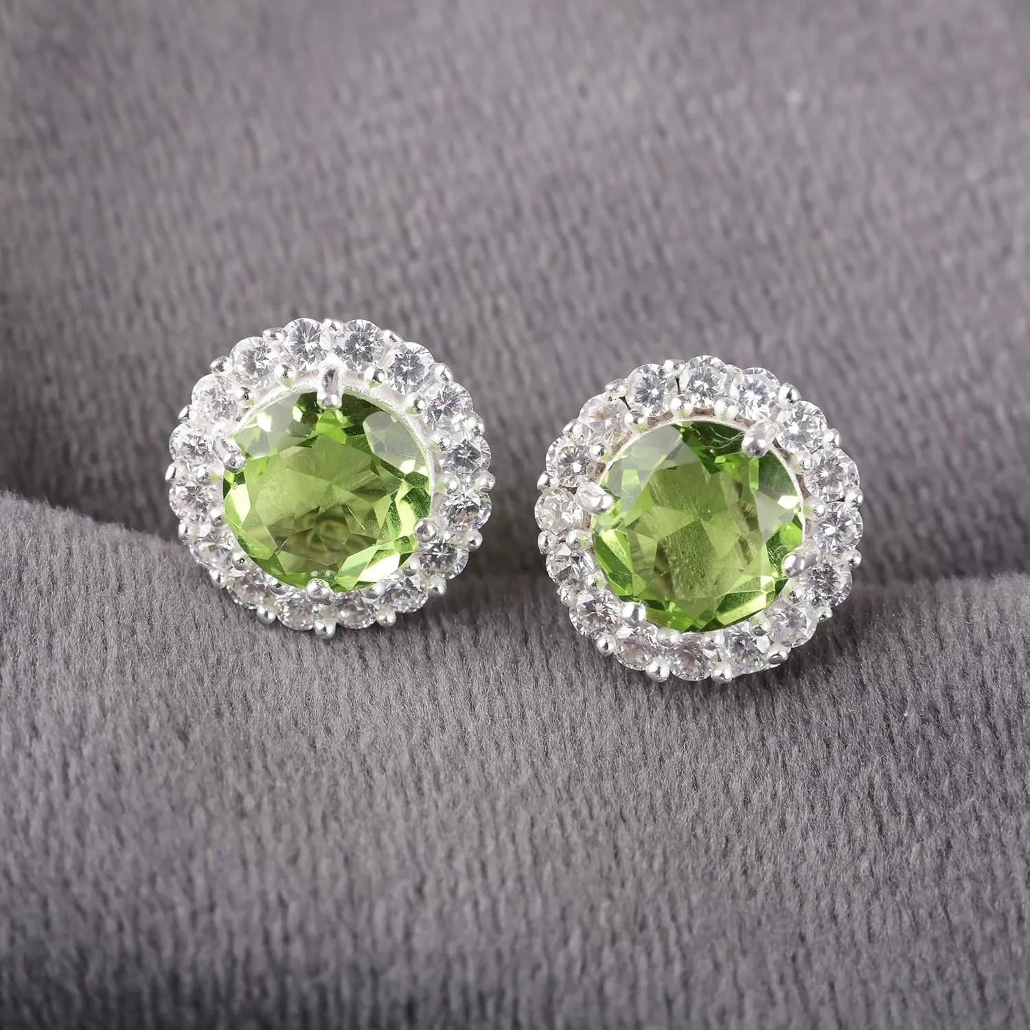 Natural Peridot Gemstone Handcrafted 925 Sterling Silver CZ Stud Earrings, 8mm Round Push Back Zircon Stud Earrings 0.46", Beautiful Green Gemstone Stud Jewelry For Women, August Birthmonth Jewelry