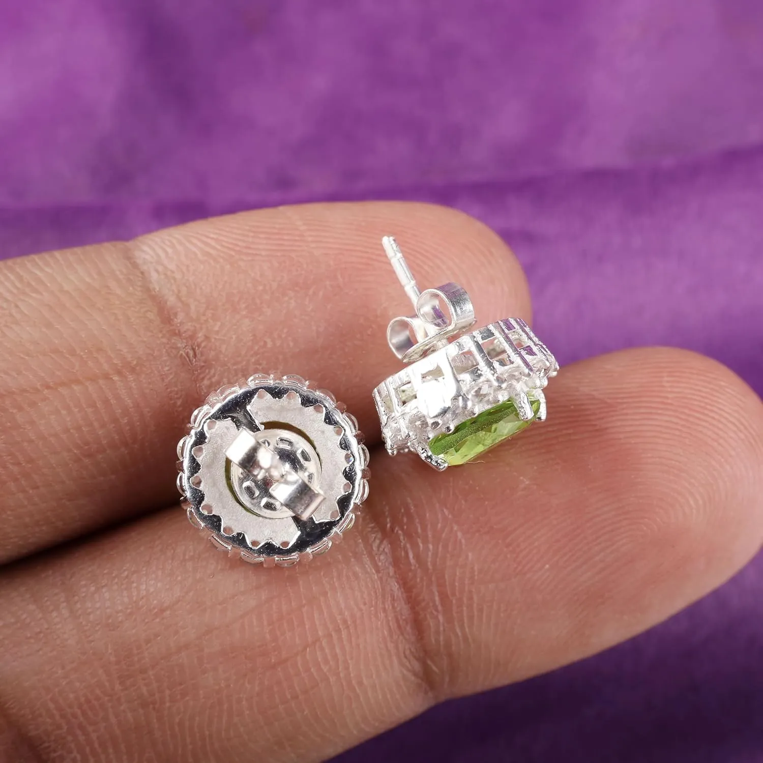 Natural Peridot Gemstone Handcrafted 925 Sterling Silver CZ Stud Earrings, 8mm Round Push Back Zircon Stud Earrings 0.46", Beautiful Green Gemstone Stud Jewelry For Women, August Birthmonth Jewelry