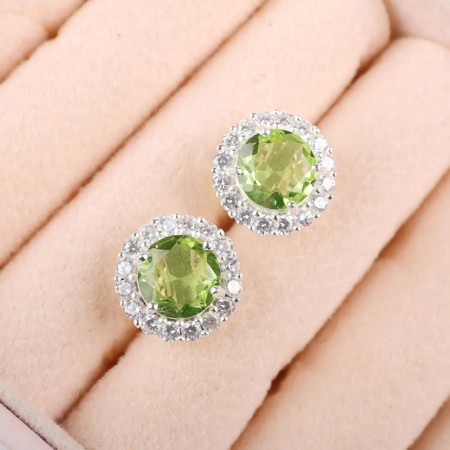 Natural Peridot Gemstone Handcrafted 925 Sterling Silver CZ Stud Earrings, 8mm Round Push Back Zircon Stud Earrings 0.46", Beautiful Green Gemstone Stud Jewelry For Women, August Birthmonth Jewelry