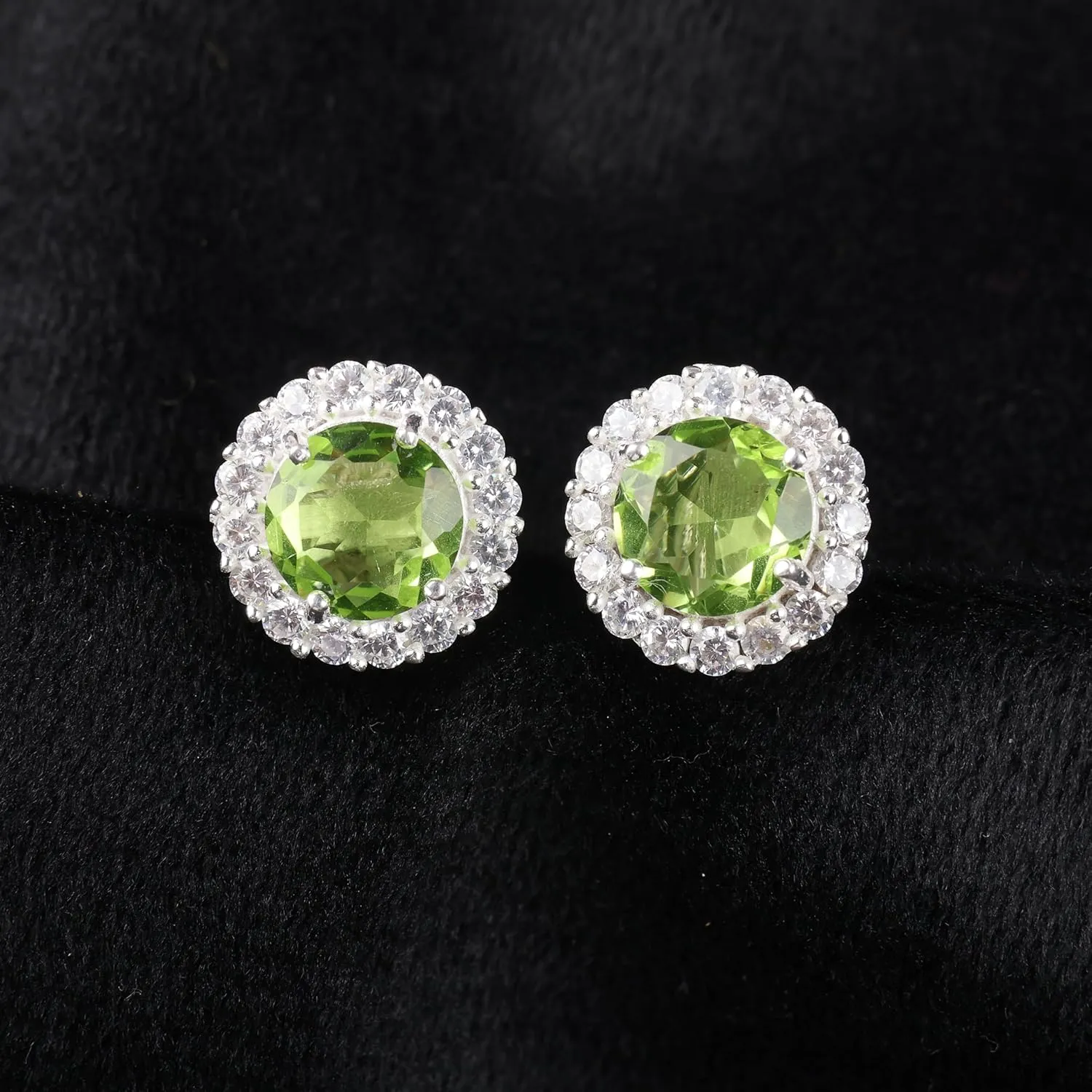 Natural Peridot Gemstone Handcrafted 925 Sterling Silver CZ Stud Earrings, 8mm Round Push Back Zircon Stud Earrings 0.46", Beautiful Green Gemstone Stud Jewelry For Women, August Birthmonth Jewelry