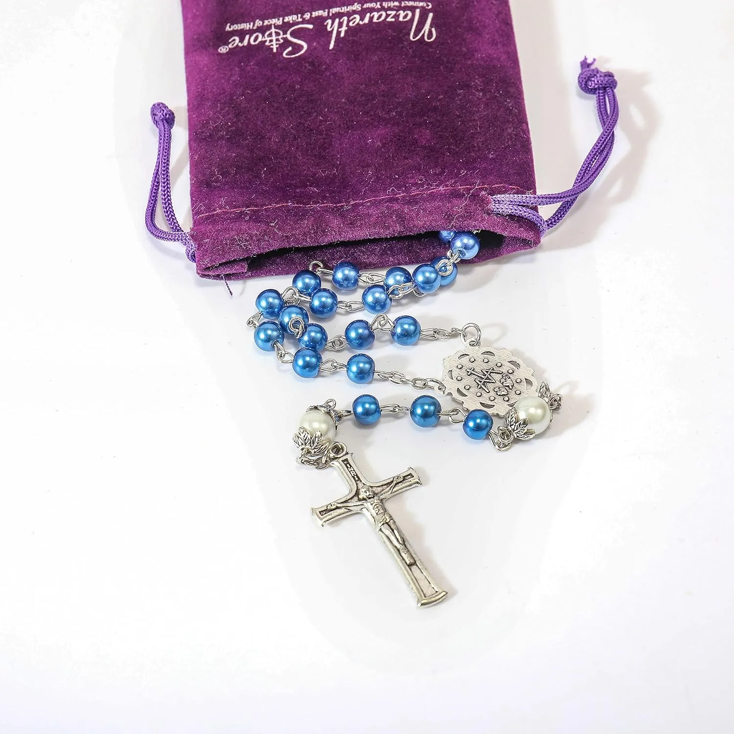 Nazareth Store Pearl Beads Rosary White Our Father Beaded Necklace Lourdes Medal & Cross Crucifix Spiritual Devotion