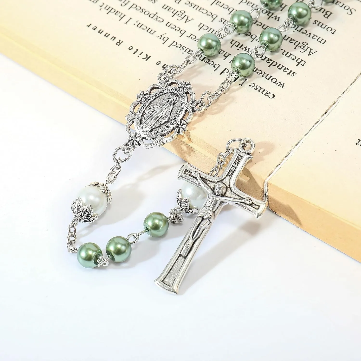 Nazareth Store Pearl Beads Rosary White Our Father Beaded Necklace Lourdes Medal & Cross Crucifix Spiritual Devotion
