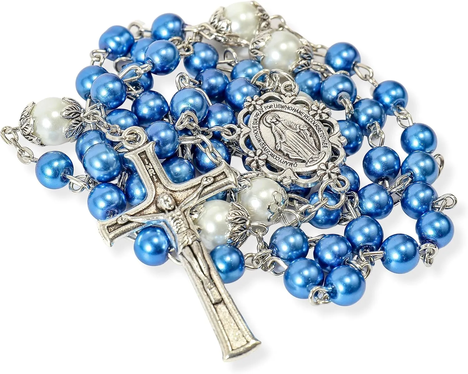 Nazareth Store Pearl Beads Rosary White Our Father Beaded Necklace Lourdes Medal & Cross Crucifix Spiritual Devotion