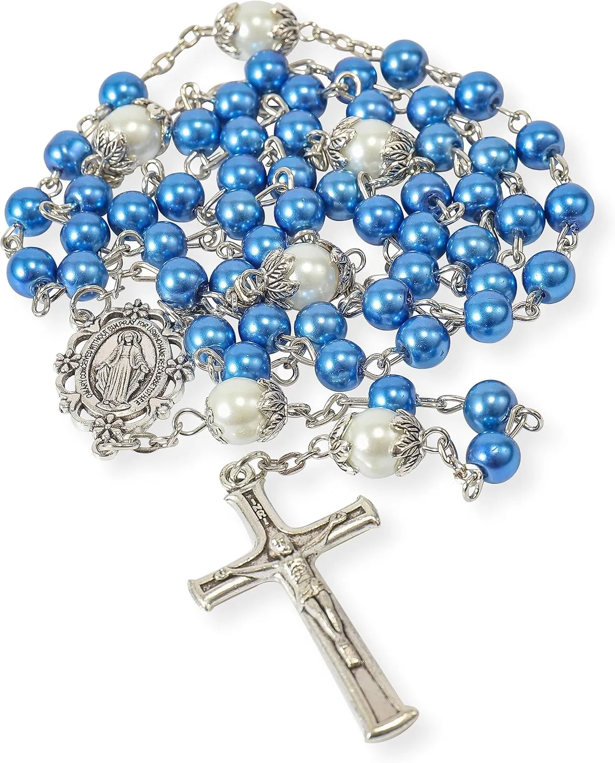 Nazareth Store Pearl Beads Rosary White Our Father Beaded Necklace Lourdes Medal & Cross Crucifix Spiritual Devotion