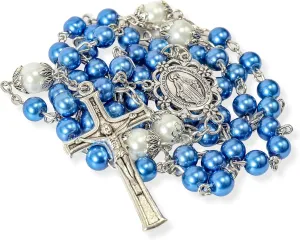 Nazareth Store Pearl Beads Rosary White Our Father Beaded Necklace Lourdes Medal & Cross Crucifix Spiritual Devotion