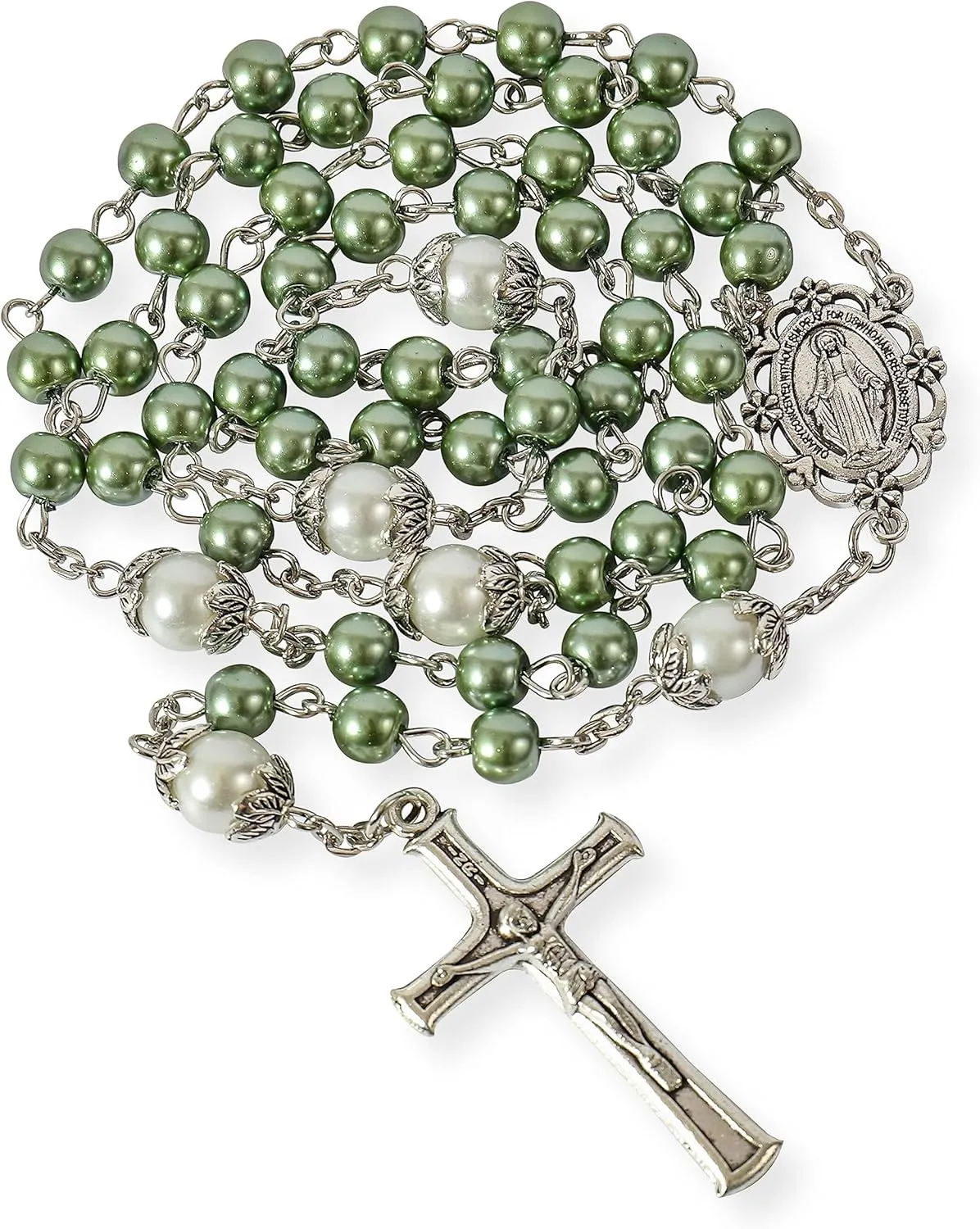 Nazareth Store Pearl Beads Rosary White Our Father Beaded Necklace Lourdes Medal & Cross Crucifix Spiritual Devotion