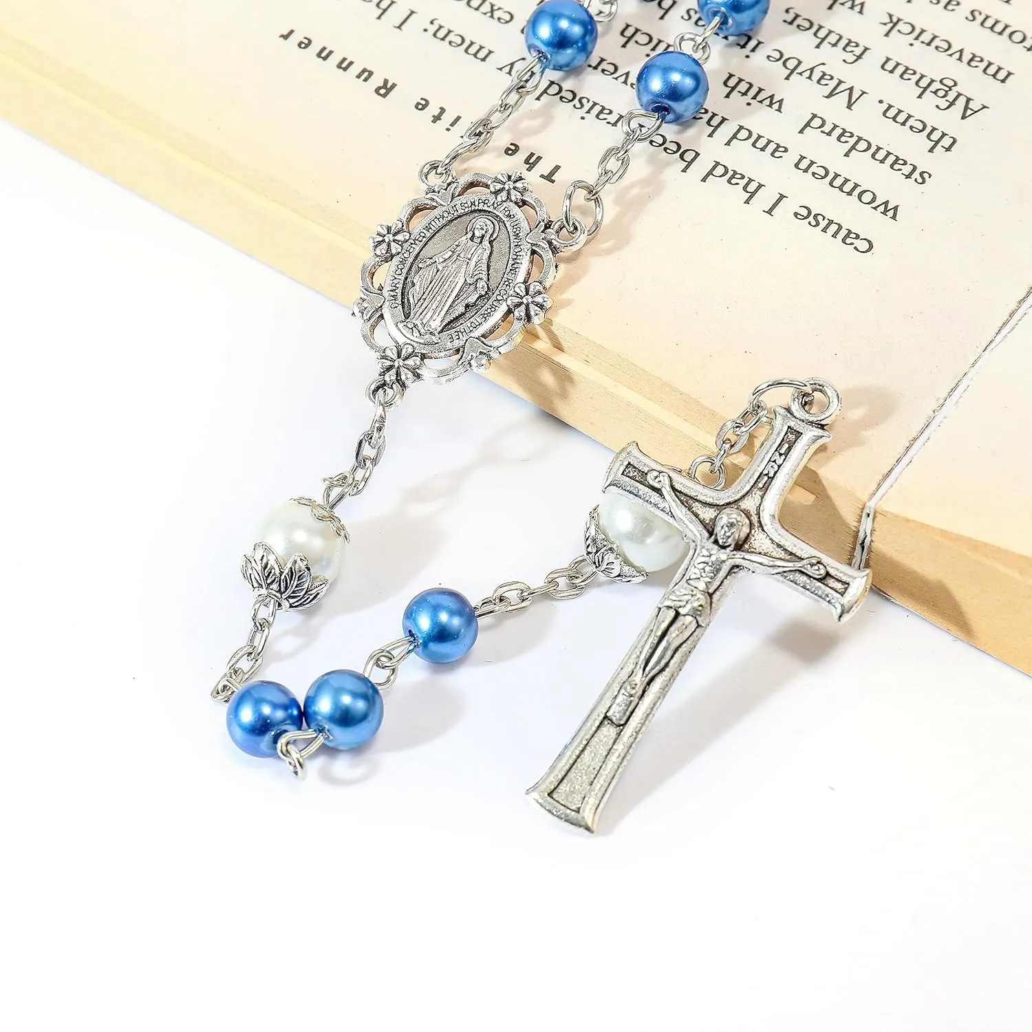 Nazareth Store Pearl Beads Rosary White Our Father Beaded Necklace Lourdes Medal & Cross Crucifix Spiritual Devotion
