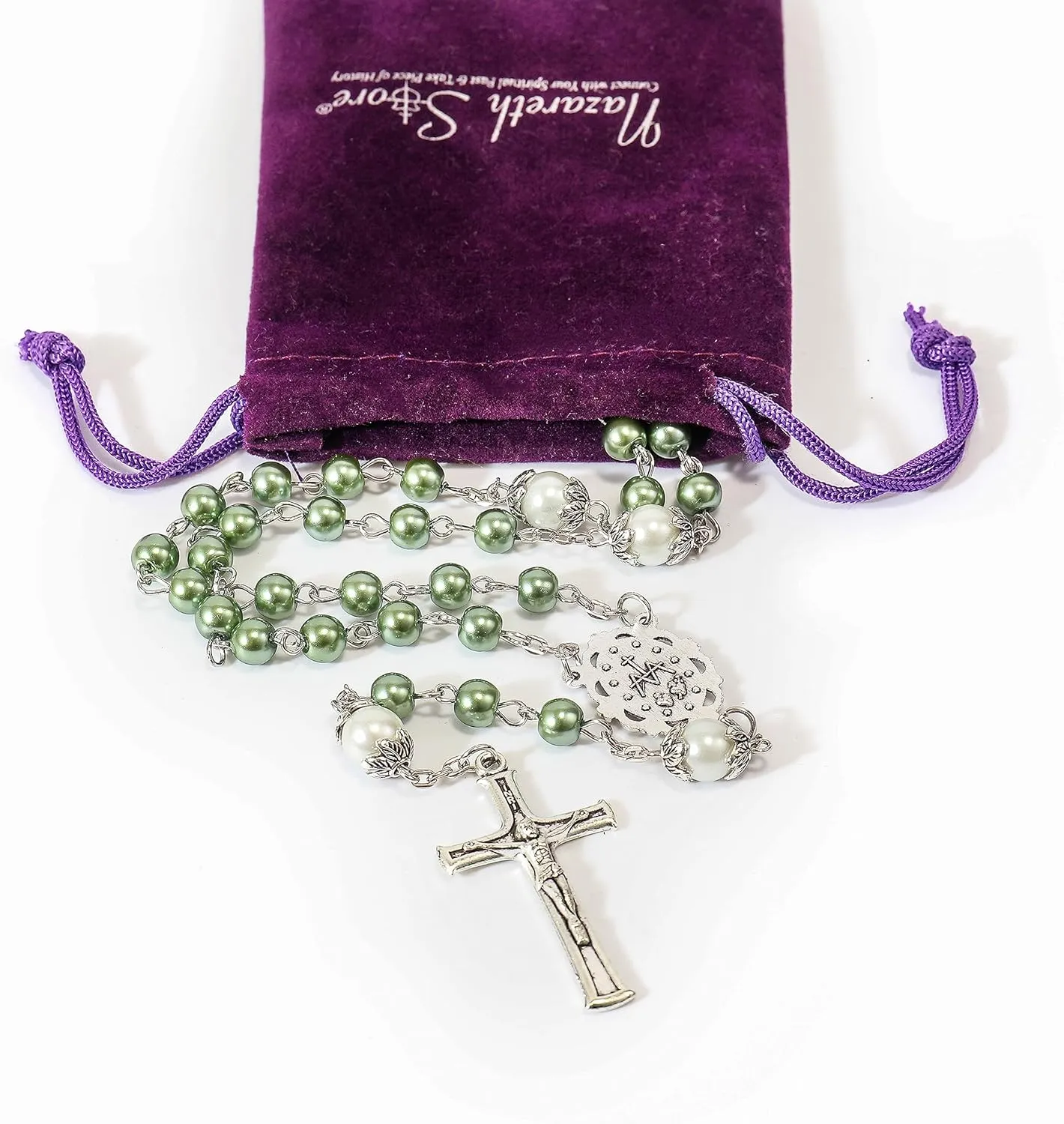 Nazareth Store Pearl Beads Rosary White Our Father Beaded Necklace Lourdes Medal & Cross Crucifix Spiritual Devotion