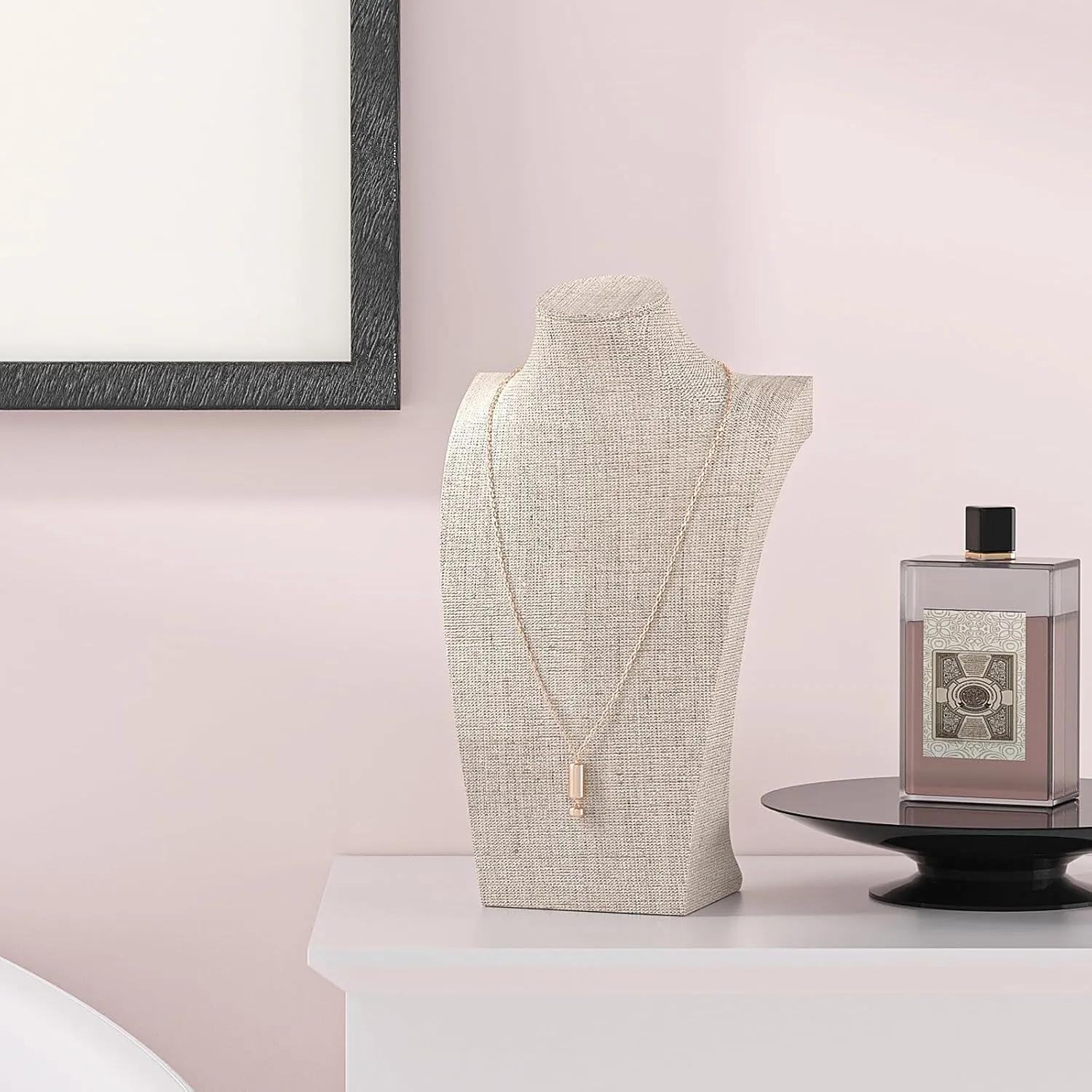 Necklace Bust Display Stand, Bust Necklace Holder, Pendant Chain Organizer for Women (Yellow Linen, S 1PCS)