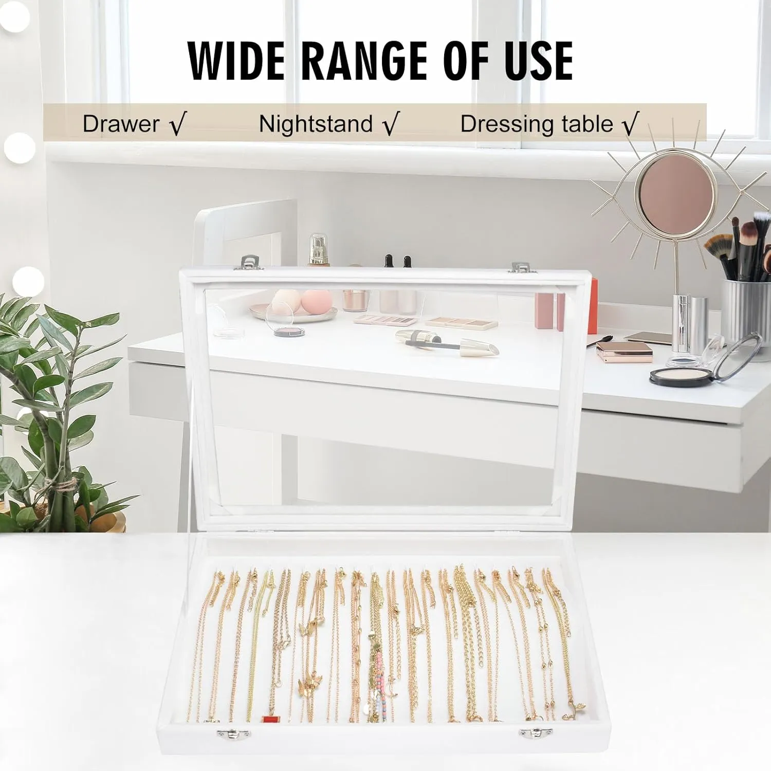 Necklace Organizer Box Premium 20 Hooks Velvet Necklace Display Jewelry Tray with Transparent Lid Jewelry Necklace Display Box for Necklace Pendants Suitable for Women and Girls (Ivory)