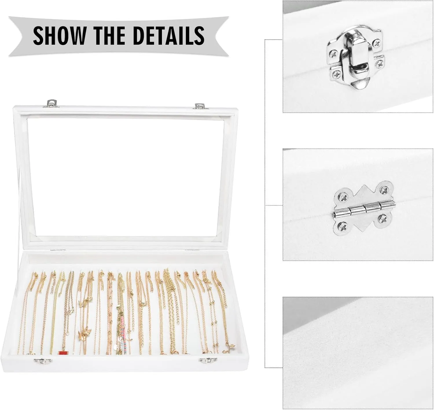 Necklace Organizer Box Premium 20 Hooks Velvet Necklace Display Jewelry Tray with Transparent Lid Jewelry Necklace Display Box for Necklace Pendants Suitable for Women and Girls (Ivory)