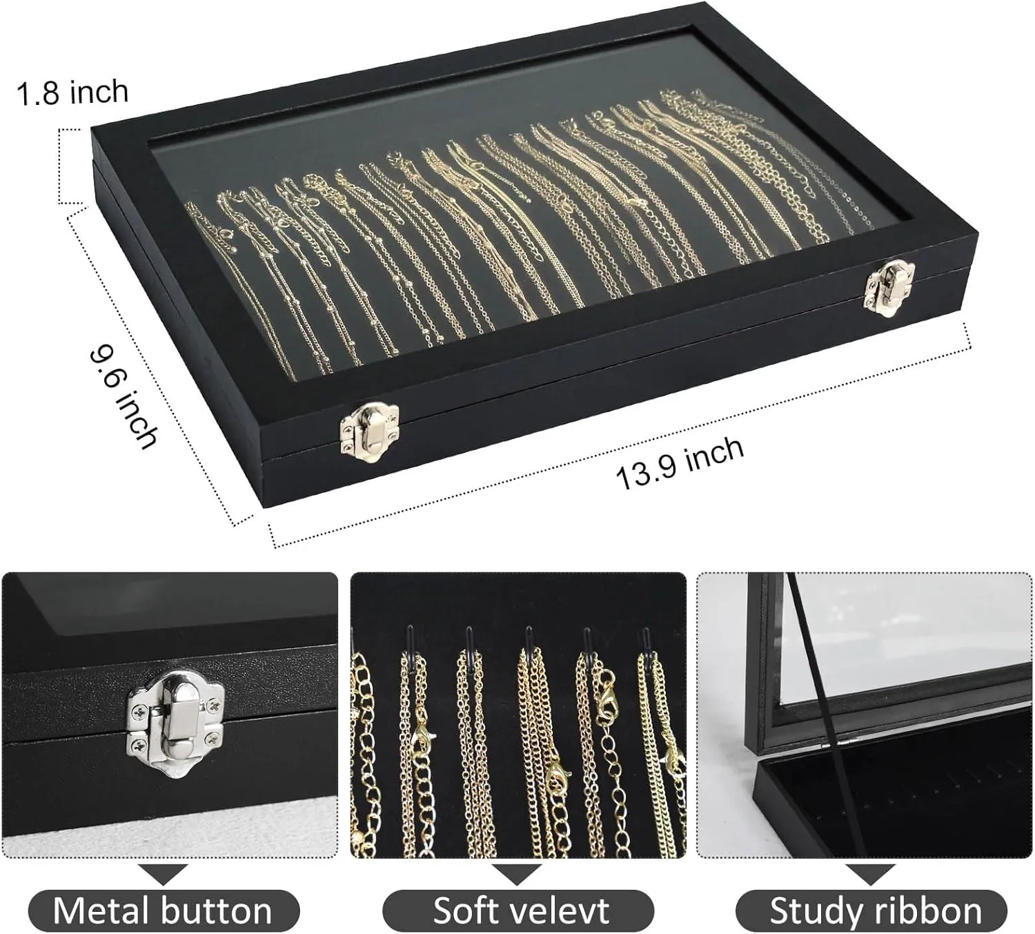 Necklace Organizer Box with Clear Lid Velvet Tray for Jewelry Storage Display Case, 20 Hooks Glass Top Drawer Insert Necklaces Pendants Dustproof Necklace Jewelry Box Organizer & Tray (Black)