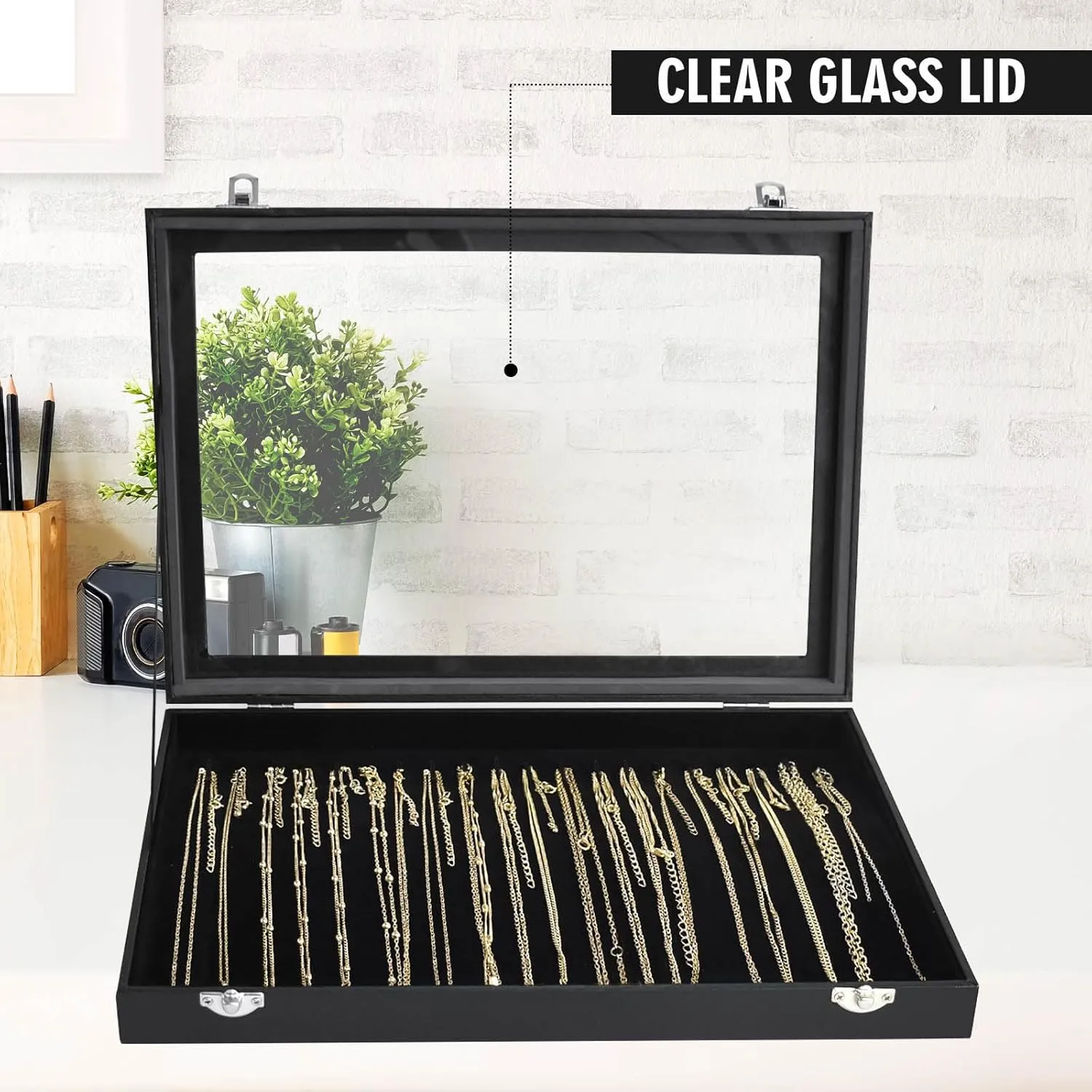 Necklace Organizer Box with Clear Lid Velvet Tray for Jewelry Storage Display Case, 20 Hooks Glass Top Drawer Insert Necklaces Pendants Dustproof Necklace Jewelry Box Organizer & Tray (Black)