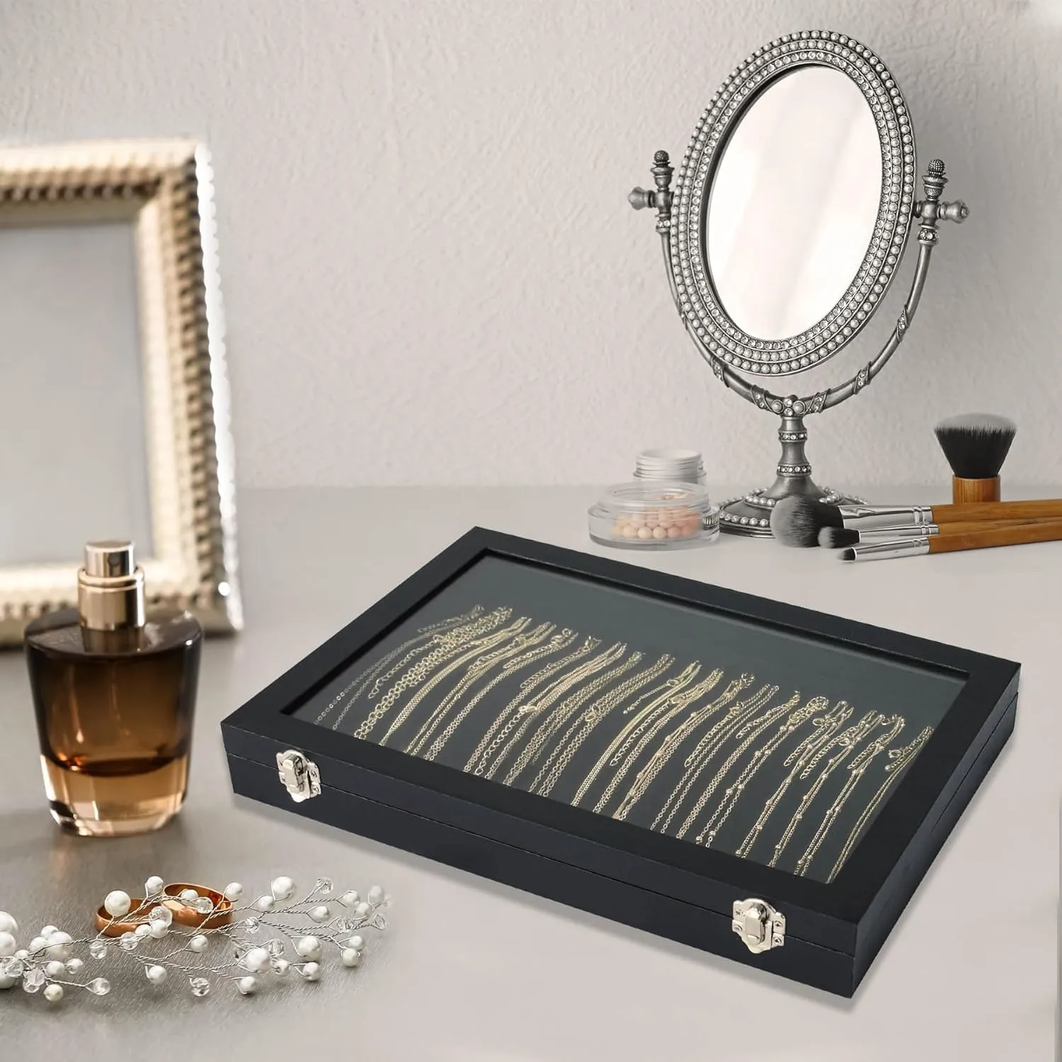 Necklace Organizer Box with Clear Lid Velvet Tray for Jewelry Storage Display Case, 20 Hooks Glass Top Drawer Insert Necklaces Pendants Dustproof Necklace Jewelry Box Organizer & Tray (Black)