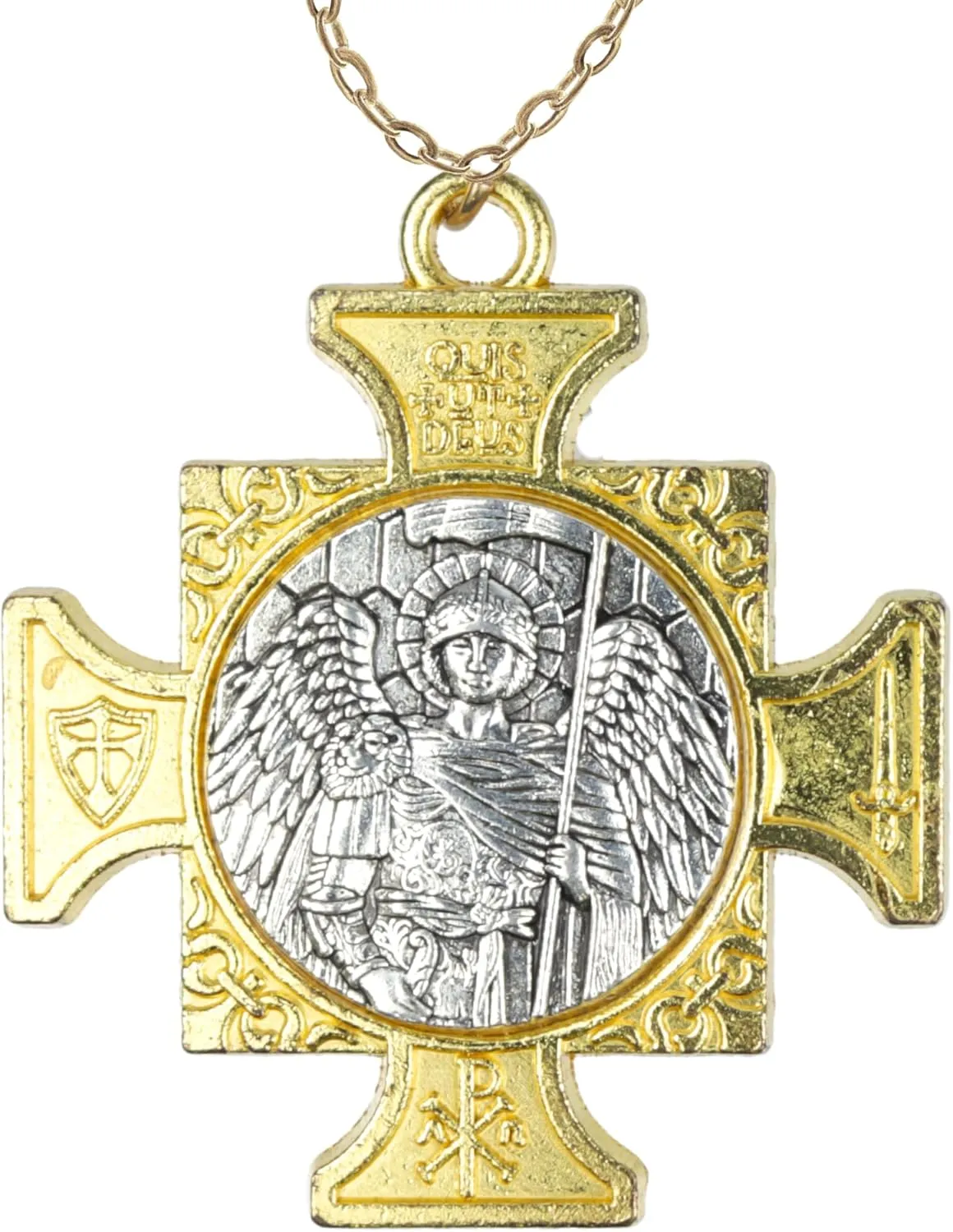 Needzo St Michael The Archangel Catholic Pendant Necklace, Protect Us, Cross Shaped, Religious, 18 Inch Chain
