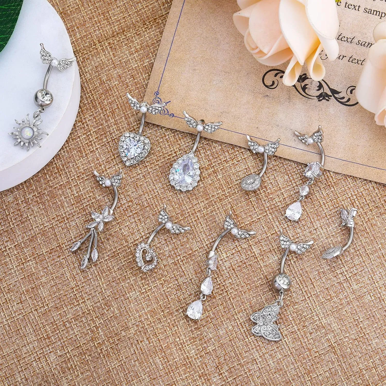 NEWITIN 10 Pieces 14G Belly Button Rings for Women Navel Ring Body Piercing Jewelry Set 316L Surgical Steel Inlaid Cubic Zirconia Belly Dangle Rings for Women