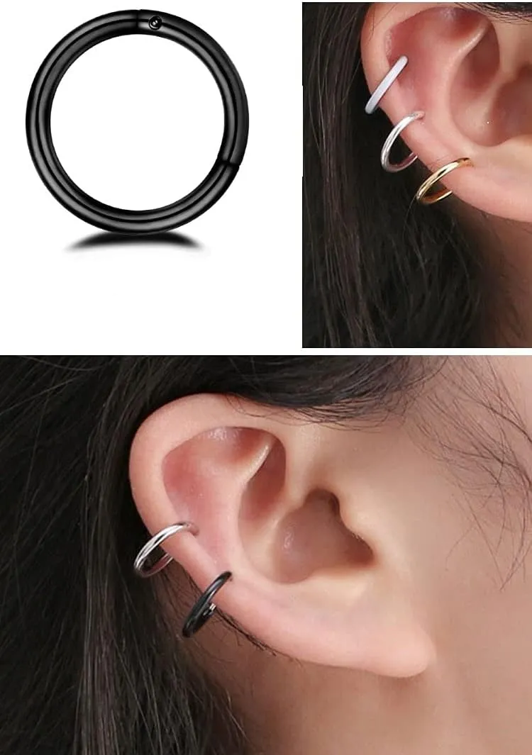 NewZenro 8Pcs Surgical Stainless Steel 16G Sleeper Cartilage Daith Tiny Small Hoop Earrings Mini Septum Hinged Clicker Nose Ring for Women Men Helix Tragus Piercings 8mm 10mm Set Silver