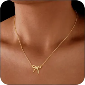 Non Tarnish Gold Bow Necklace, 14K Gold Plated Bow Necklace for Women, Flawless Hand-Polished Bow Pendant Necklace for Women Trendy, Dainty Chain Necklace Gifts for Her