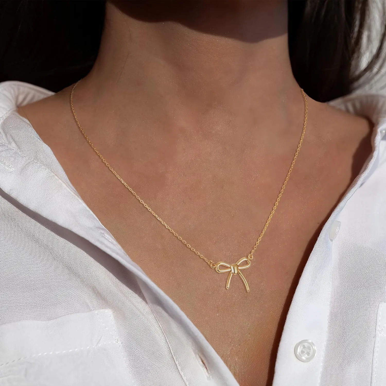 Non Tarnish Gold Bow Necklace, 14K Gold Plated Bow Necklace for Women, Flawless Hand-Polished Bow Pendant Necklace for Women Trendy, Dainty Chain Necklace Gifts for Her