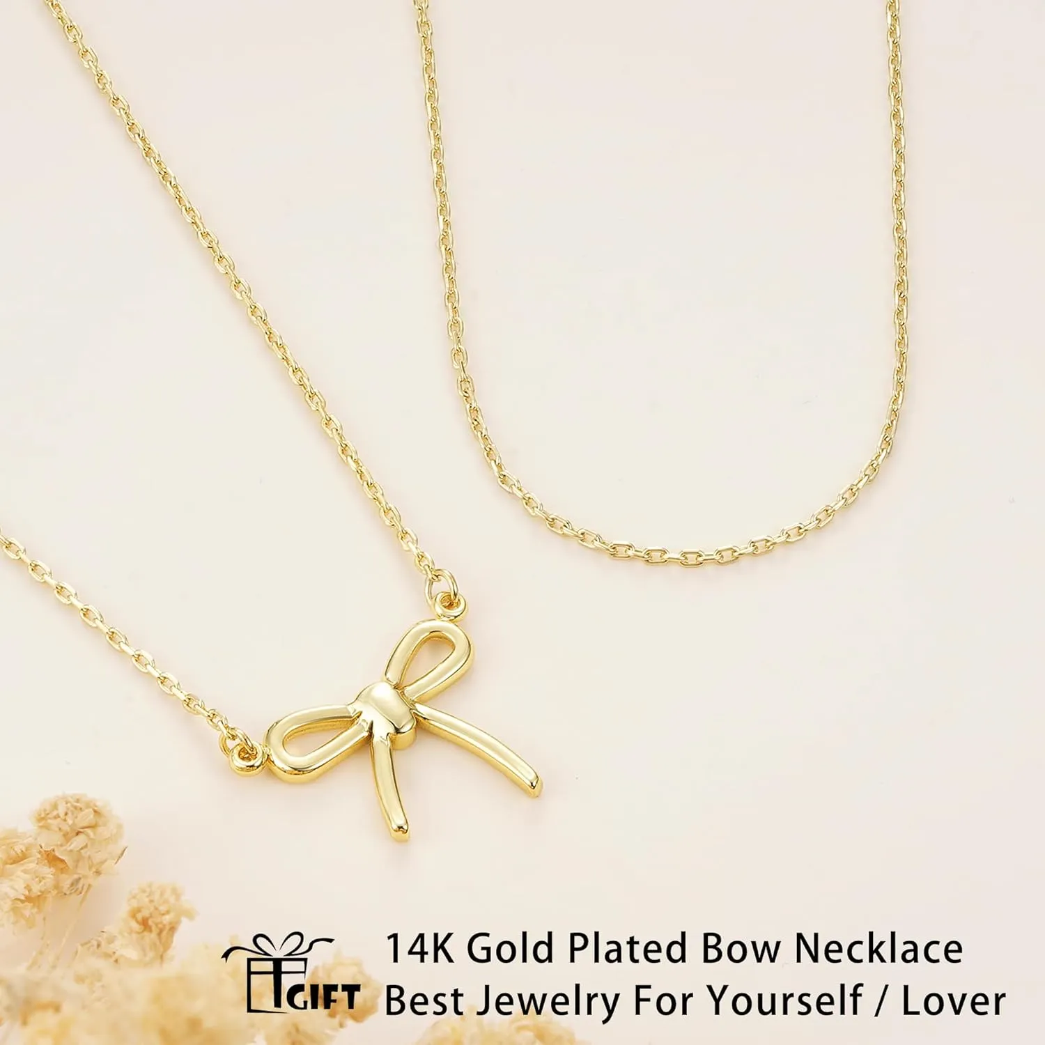 Non Tarnish Gold Bow Necklace, 14K Gold Plated Bow Necklace for Women, Flawless Hand-Polished Bow Pendant Necklace for Women Trendy, Dainty Chain Necklace Gifts for Her