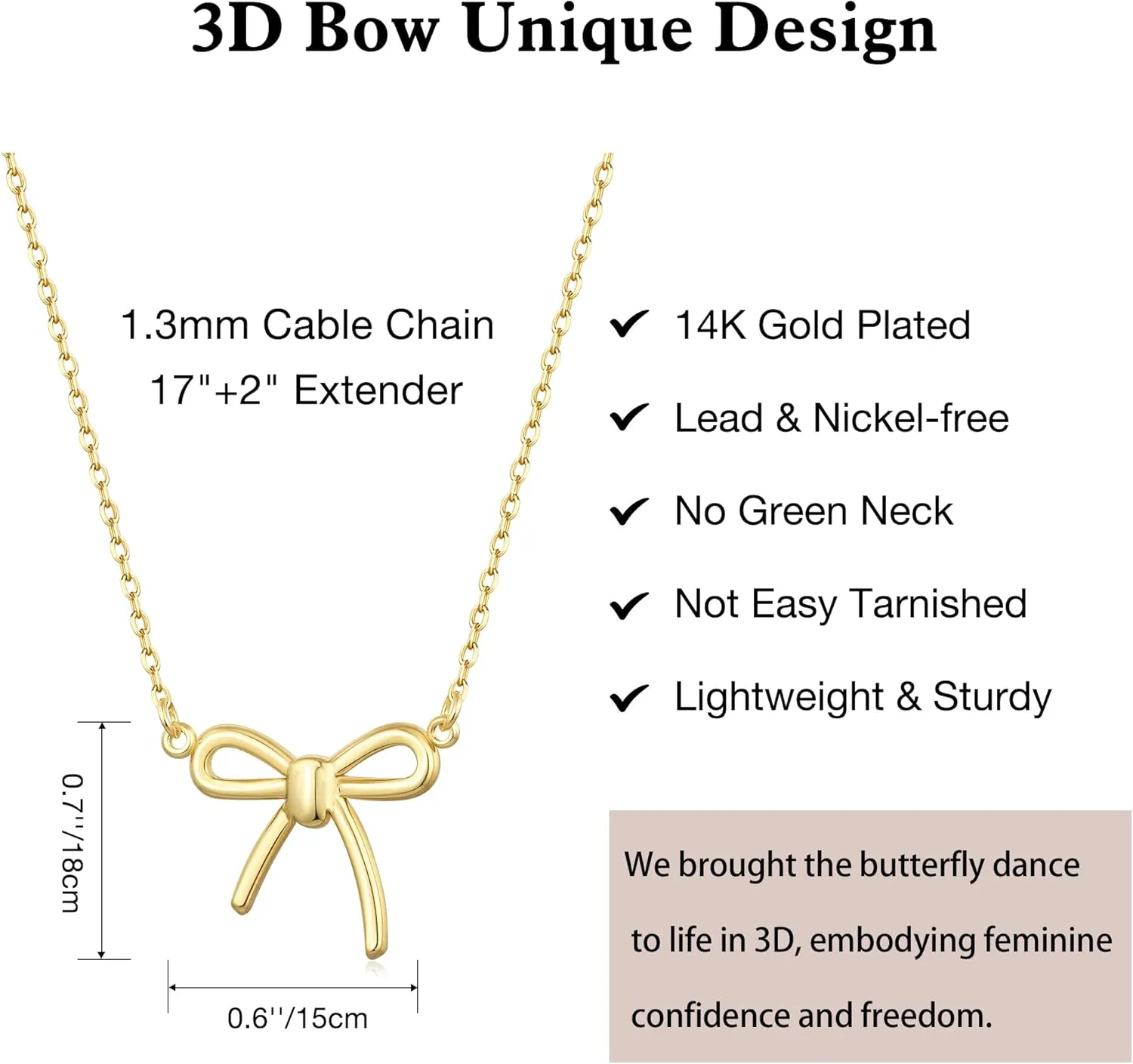 Non Tarnish Gold Bow Necklace, 14K Gold Plated Bow Necklace for Women, Flawless Hand-Polished Bow Pendant Necklace for Women Trendy, Dainty Chain Necklace Gifts for Her