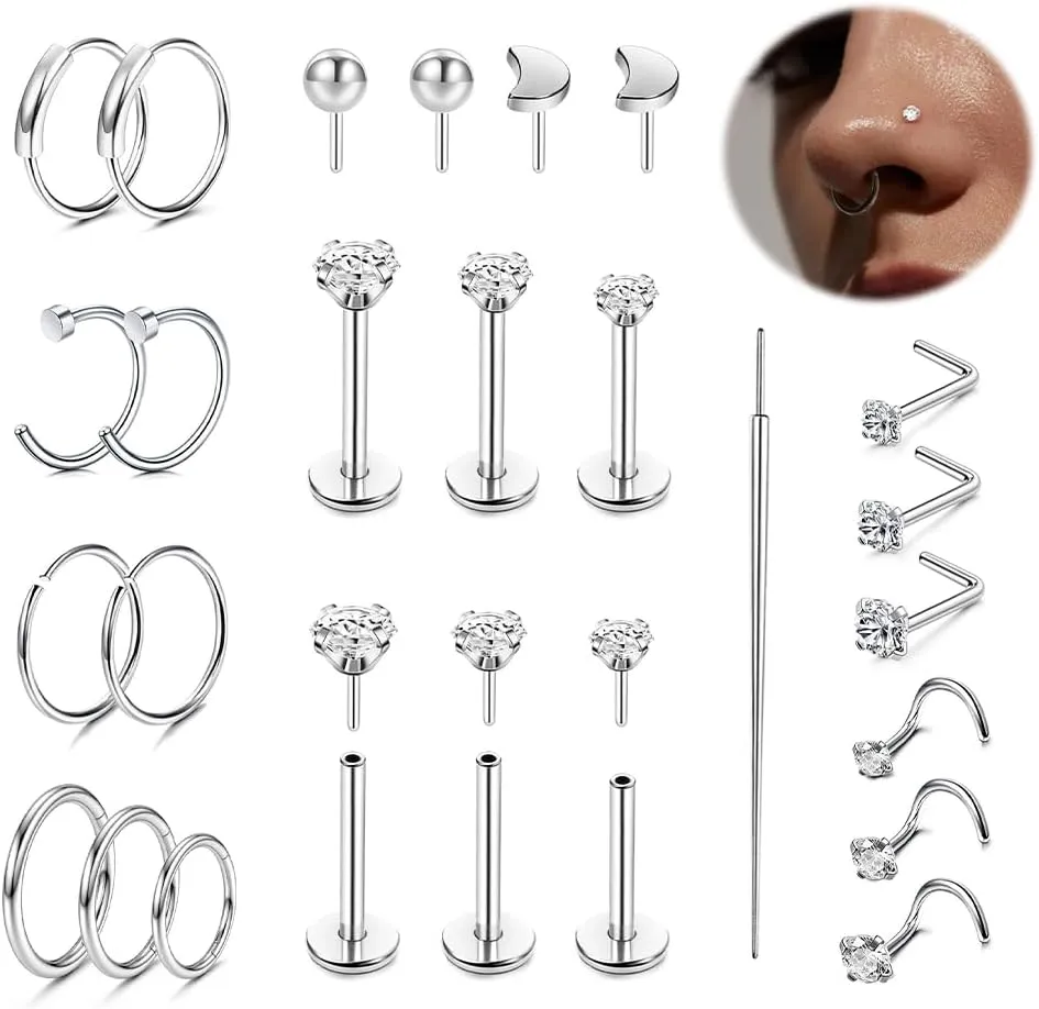 Nose Ring Studs 20G Surgical Steel Nose Ring Hoop Stud Nose Screw Set for Women Men with Piercing Pin Nose Piercing Jewelry