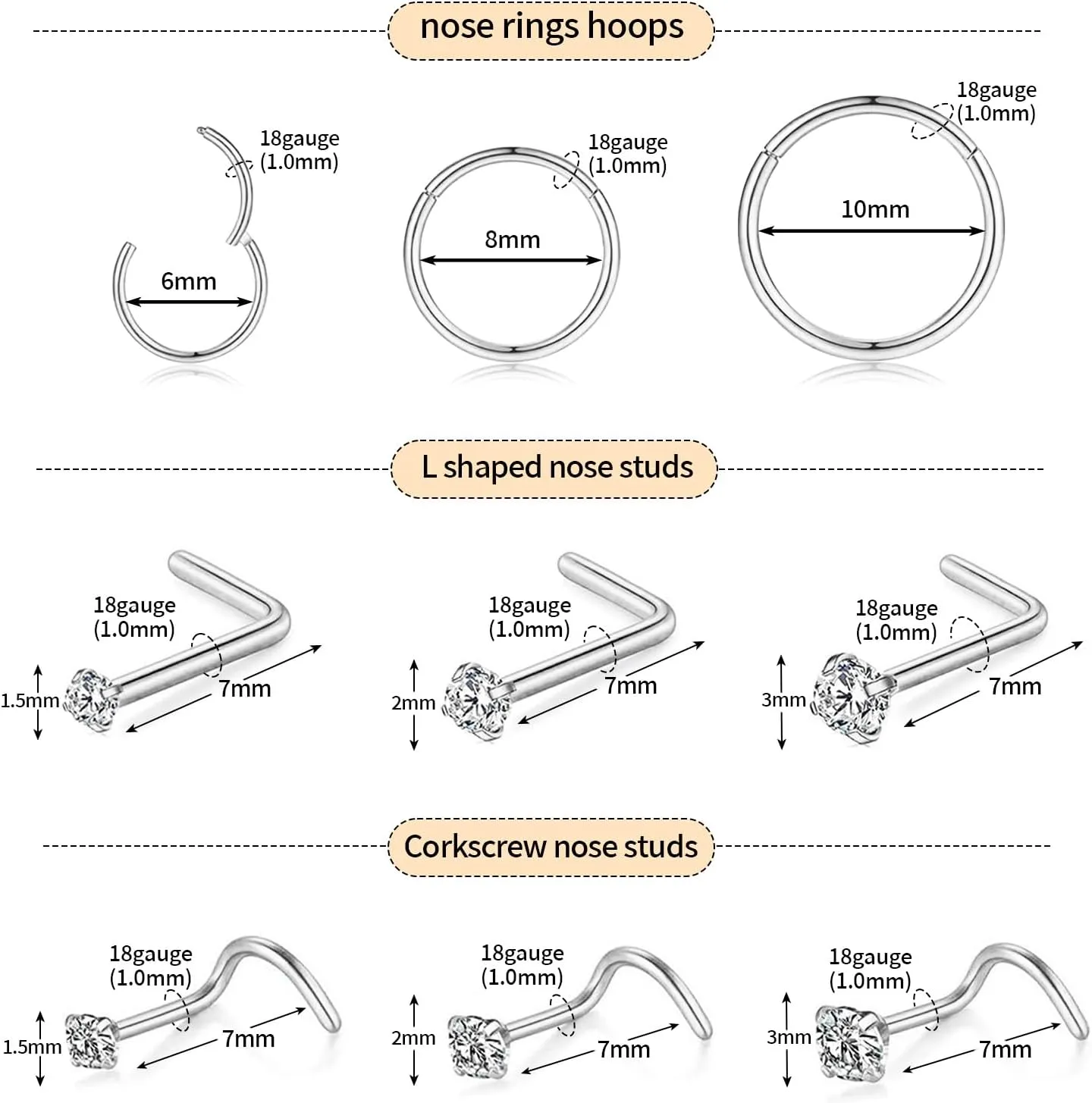 Nose Rings and Nose Studs Sets for Women Men,Hypoallergenic 316L Surgical Steel Nose Hoops Can Be Used for Helix Cartilage Multi-Use Earrings Piercing,L Shape and Corkscrew Nose Studs Comfort Fit Everyday Wear Jewelry