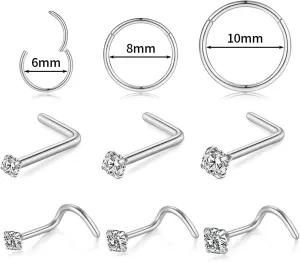 Nose Rings and Nose Studs Sets for Women Men,Hypoallergenic 316L Surgical Steel Nose Hoops Can Be Used for Helix Cartilage Multi-Use Earrings Piercing,L Shape and Corkscrew Nose Studs Comfort Fit Everyday Wear Jewelry