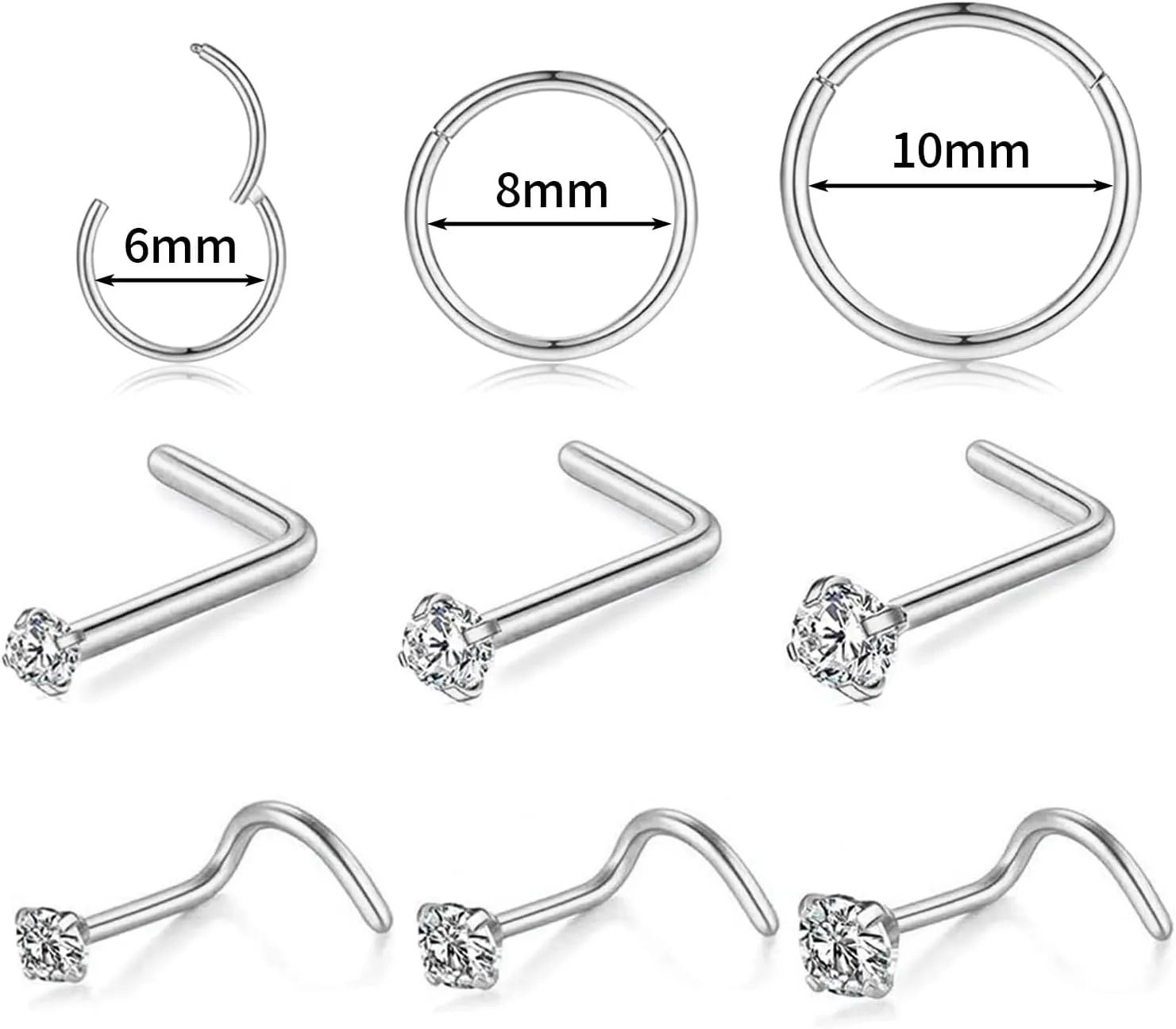 Nose Rings and Nose Studs Sets for Women Men,Hypoallergenic 316L Surgical Steel Nose Hoops Can Be Used for Helix Cartilage Multi-Use Earrings Piercing,L Shape and Corkscrew Nose Studs Comfort Fit Everyday Wear Jewelry