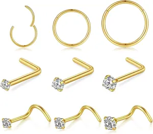 Nose Rings and Nose Studs Sets for Women Men,Hypoallergenic 316L Surgical Steel Nose Hoops Can Be Used for Helix Cartilage Multi-Use Earrings Piercing,L Shape and Corkscrew Nose Studs Comfort Fit Everyday Wear Jewelry