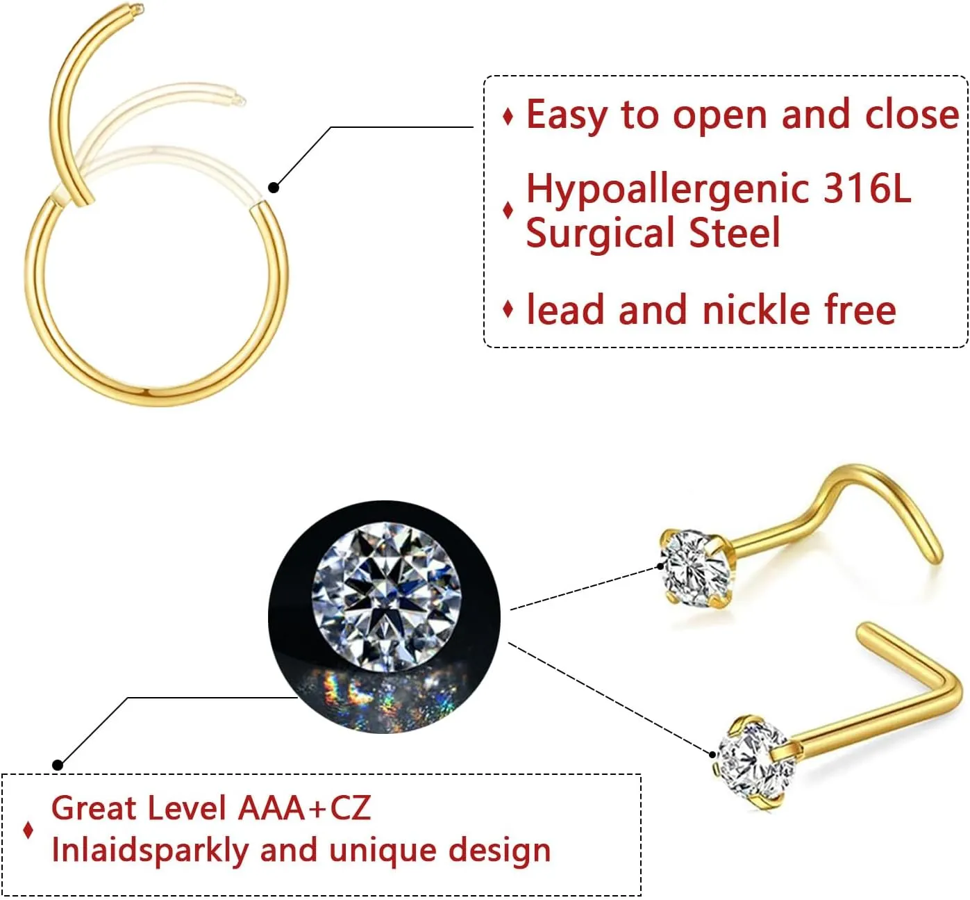 Nose Rings and Nose Studs Sets for Women Men,Hypoallergenic 316L Surgical Steel Nose Hoops Can Be Used for Helix Cartilage Multi-Use Earrings Piercing,L Shape and Corkscrew Nose Studs Comfort Fit Everyday Wear Jewelry