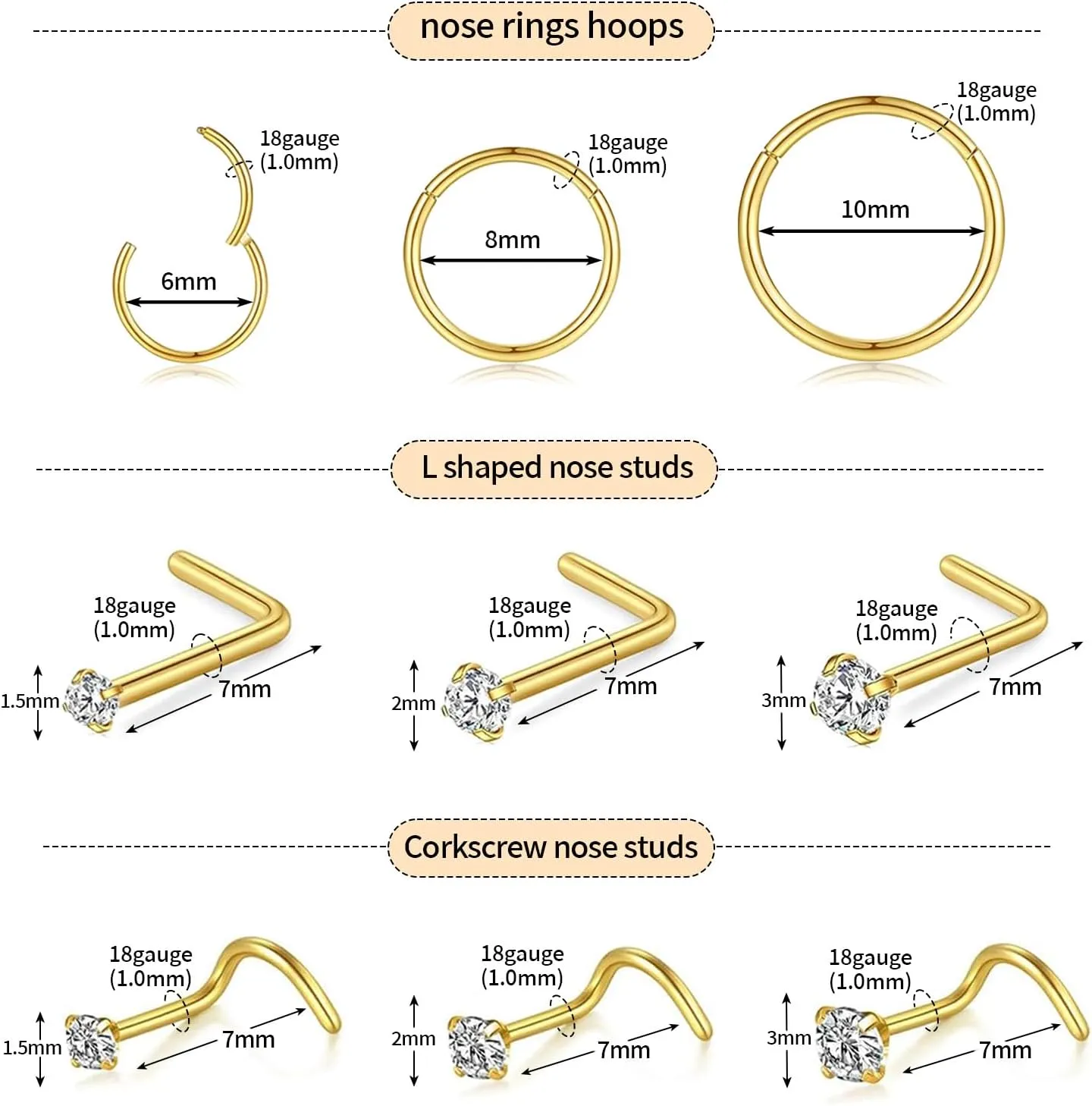 Nose Rings and Nose Studs Sets for Women Men,Hypoallergenic 316L Surgical Steel Nose Hoops Can Be Used for Helix Cartilage Multi-Use Earrings Piercing,L Shape and Corkscrew Nose Studs Comfort Fit Everyday Wear Jewelry