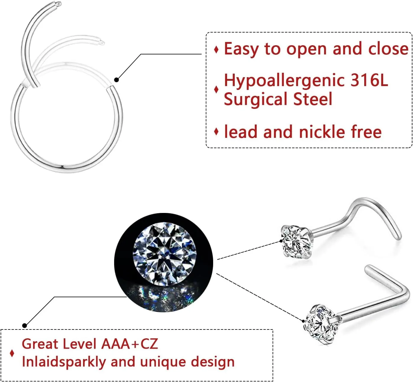 Nose Rings and Nose Studs Sets for Women Men,Hypoallergenic 316L Surgical Steel Nose Hoops Can Be Used for Helix Cartilage Multi-Use Earrings Piercing,L Shape and Corkscrew Nose Studs Comfort Fit Everyday Wear Jewelry