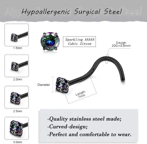 Nose Rings Studs: 8Pcs 20G Gold/Silver 316L Surgical Stainless Steel Nose Studs Hypoallergenic Corkscrew Nose Piercing Stud Jewelry for Women Men Clear Cubic Zirconia Imitation Diamond Top Size 1.5mm 2mm 2.5mm 3mm