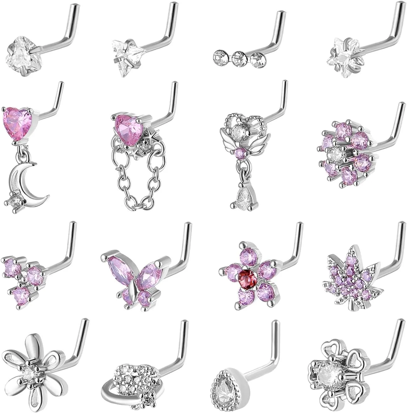 Nose Studs Piercing Jewellery for Women - 16Pcs L Shaped Butterfly/Love/Star/Petal Nose Rings Studs 316L Surgical Steel CZ Nose Screw Studs Body Jewellery for Women